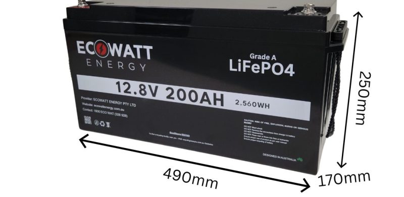 Ecostore 200ah Lithium Caravan Battery showing dimensions, 490mm x 250mm x 170mm