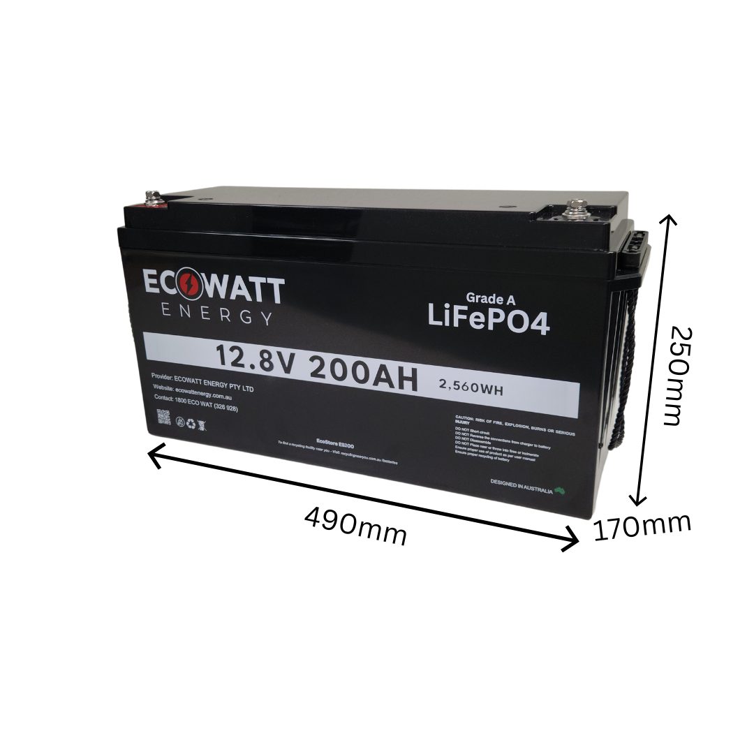 Ecostore 200ah Lithium Caravan Battery showing dimensions, 490mm x 250mm x 170mm
