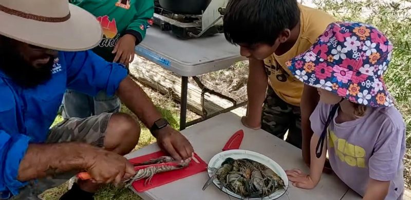 Kids looking on as a man prepares a yabby on a camp table